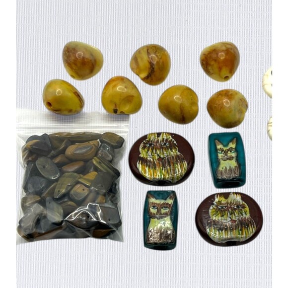 Mixed Lot Beads Chunky Hand Painted Glass Cat Tigers Eye Stone Paw Print Focal - Picture 3 of 13